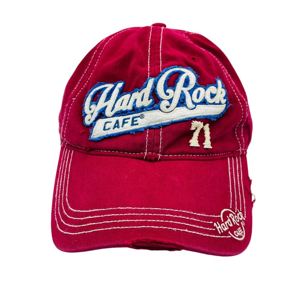 Vintage Hard Rock Cafe Leather Strapback Hat Cap USA Burgundy Distressed Denver